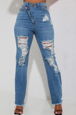 High Rise Medium Blue Washed Destroyed Wide Leg Crossover Closure Jeans
