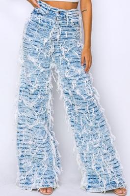High Rise Medium Blue Acid Washed Double Layer Super Destroyed Wide Leg Flare Jeans
