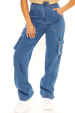 High Rise Medium Blue Washed Wide Leg Multi Pockets Cargo Jeans