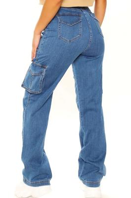 High Rise Medium Blue Washed Wide Leg Multi Pockets Cargo Jeans