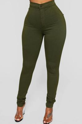 High Rise Olive Color Over Dyed & Washed Round Back Pocket Basic Pants