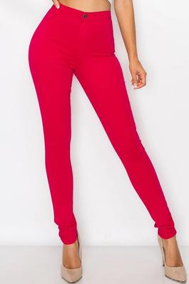 High Rise Fuschia Color Over Dyed & Washed Round Back Pocket Basic Pants