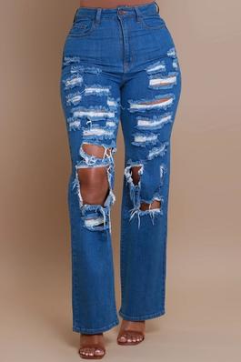 High Rise Medium Blue Washed Distressed Wide Leg Flare Jeans