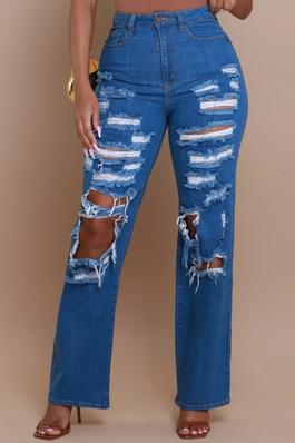 High Rise Medium Blue Washed Distressed Wide Leg Flare Jeans