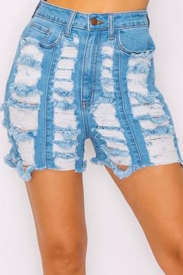 High Rise Light Blue Washed Front Back Distressed Soft and Lightweight Denim Shorts