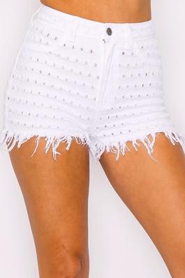 High Rise White Over Dyed All Over Bullet Holes Frayed Shorts
