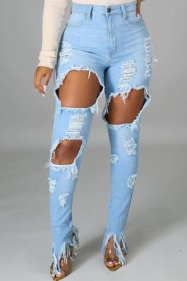 High Rise Light Blue Washed Thigh & Knee Cut Outs Butt Ripped Chewed Hem Jeans