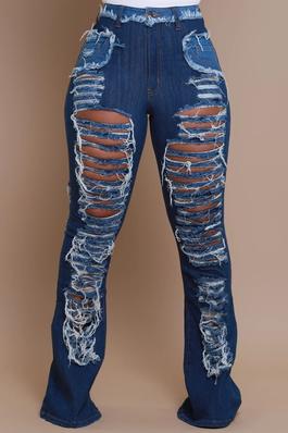 High Rise Dark Blue Two Tone Flare Jeans w/ Front & Back Heavy Destruction