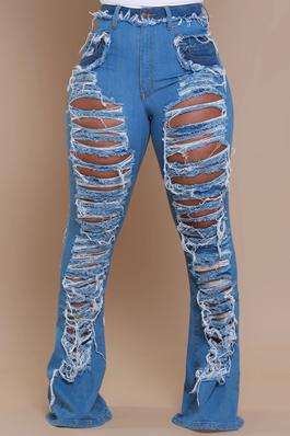 High Rise Medium Blue Two Tone Flare Jeans w/ Front & Back Heavy Destruction