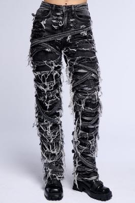 High Rise Acid Black Washed Double Layer Strapped Wide Leg Jeans