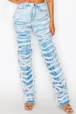 High Rise Acid Light Blue Washed Double Layer Strapped Wide Leg Jeans