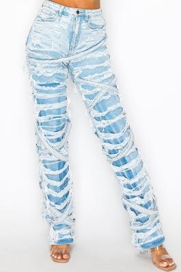 High Rise Acid Light Blue Washed Double Layer Strapped Wide Leg Jeans