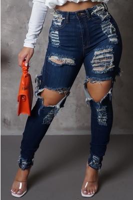 High Rise Dark Blue Washed Cut Outs Front Back Distressed Jeans