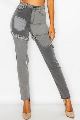High Rise Two Tone Grey Washed Frayed Out Seam Patchwork Skinny Jeans
