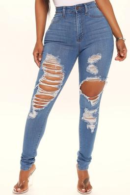 High Rise Medium Blue Washed Cut Outs Front Back Distressed Jeans