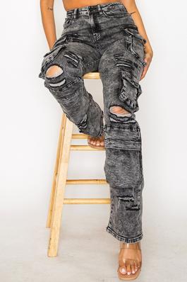 High Rise Distressed Black Acid Wash Multi Pockets Wide Leg Cargo Jeans