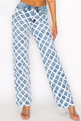 High Rise Acid Light Denim Washed Diamond Pattern Patched Relaxed Jeans