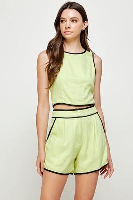 Linen Cropped Top with Contrast Piping Detail