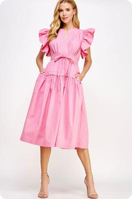 Flutter Sleeve Poplin Midi Dress