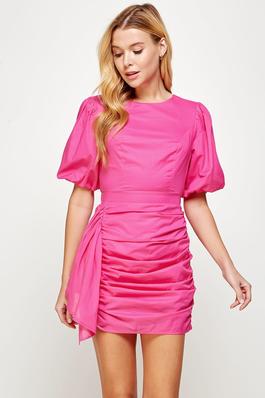 Ruched Short Puff Sleeve Voile Mini Dress