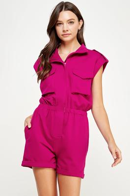High Neck Sleeveless Romper with Pockets