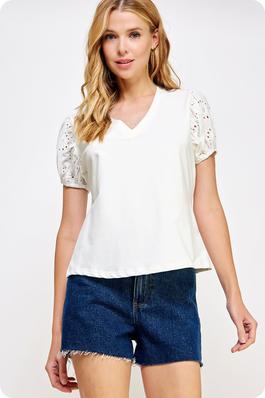 Embroidered Eyelet Contrast Sleeve Knit Tee Top