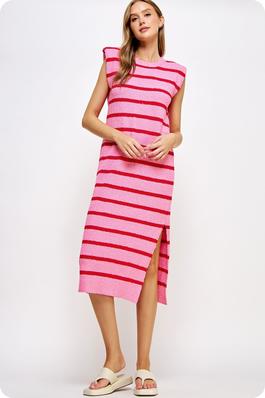 Shoulder Pad Sleeveless Textured Striped Knit Dress