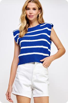 Shoulder Pad Sleeveless Textured Striped Knit Top