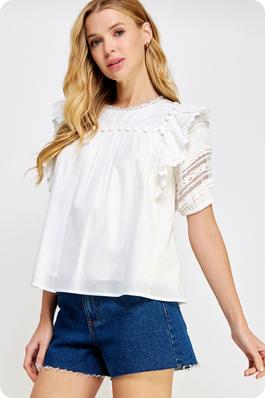 Pom-Pom Trim Detail Embroidered Lace Blouse