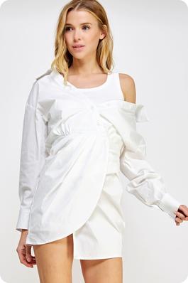 Poplin Wrap Shirt Dress with Knit Tank Contrast