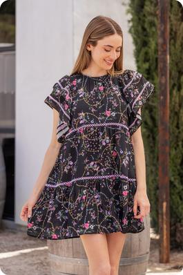 Double Layer Short Sleeve Lace Trim Floral Mini Dress