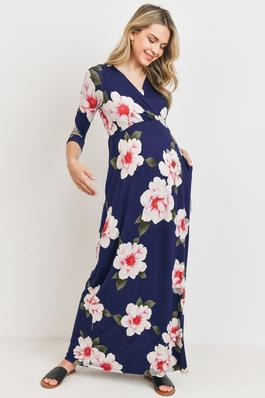 Navy Floral Surplice Maternity Nursing Maxi Dress 