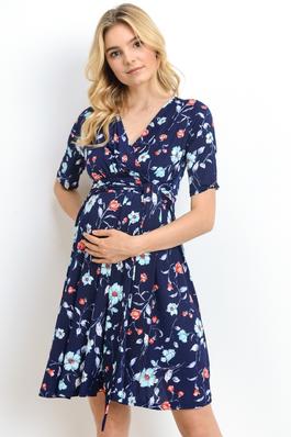 Floral Wrap Maternity/Nursing Flared Dress