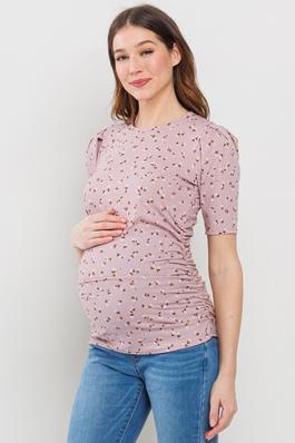 Ribbed Floral Puff Sleeve Maternity Ruched Top