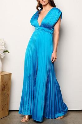 SLEEVELESS V-NECL PLEATED WIDE LEG JUMPSUIT