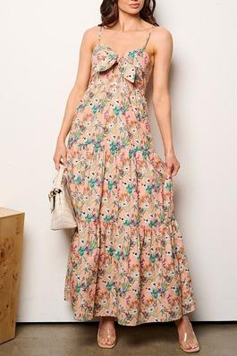 SLEEVELESS FRONT CUT OUT SMOCK FLORAL MAXI DRESS