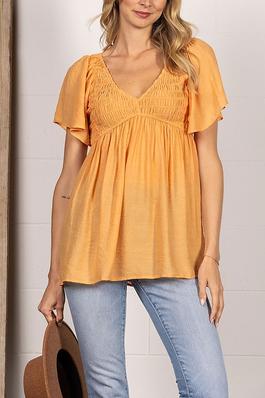 RUCHED V-NECK BUTTERFLY SHORT SLEEVES TOP