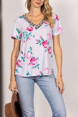FLORAL AND ANIMAL PRINT SHORT SLEEVES KNIT TOP