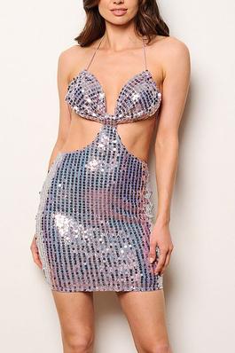 SLEEVELESS SEQUINS CUT OUT BODYCON MINI DRESS