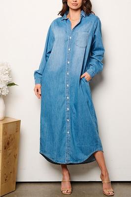 LONG SLEEVE BUTTON UP WASHED DENIM MAXI DRESS
