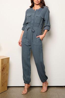 LONG SLEEVE BUTTON UP SELF TIE JOGGER JUMPSUIT