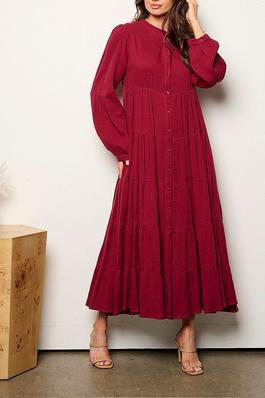 LONG SLEEVE BUTTON UP TIERED TUNIC MAXI DRESS