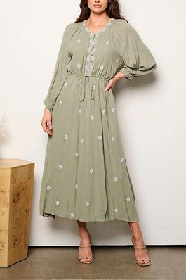 LONG SLEEVE V-NECK BUTTON UP EMBROIDERY MAXI DRESS