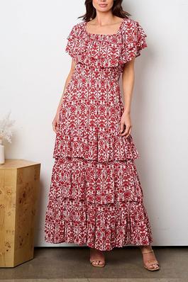 SHORT SLEEVE TIERED RUFFLE FLORAL MAXI DRESS