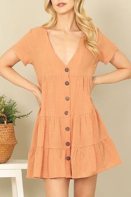 SHORT SLEEVE BUTTON DOWN SOLID BABYDOLL DRESS