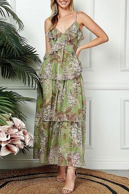 V-NECK RUFFLE TIERED FLORAL PRINT MAXI DRESS