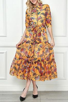 SHORT SLEEVE BUTTON UP FLORAL TIERED MAXI DRESS