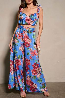SLEEVELESS CROP TOP & BELTED PANTS FLORAL 2PC SET