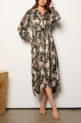 LONG SLEEVE SELF TIE FLORAL BUTTON UP MIDI DRESS