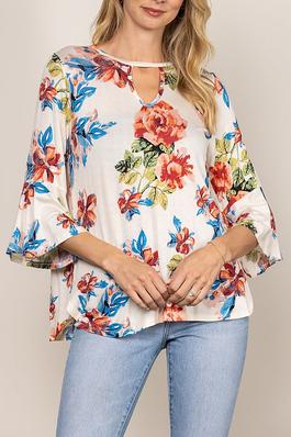 ROUND KEYHOLE FLORAL PRINT BELL 3/4 SLEEVES TOP
